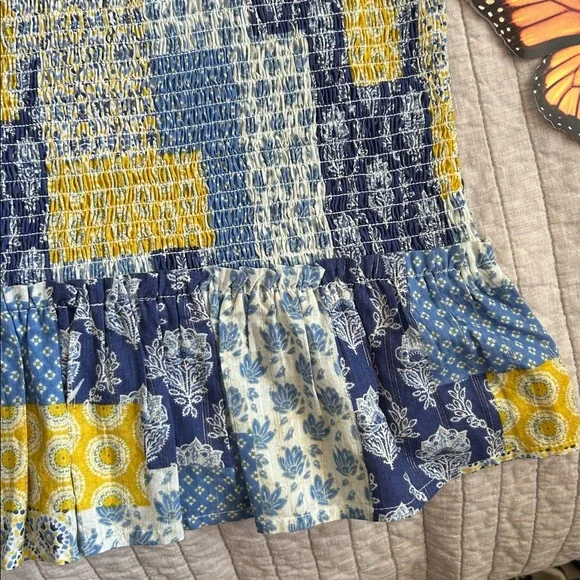 Natural life blue yellow boho floral patchwork smocked ruffle hem tops L XL - Picture 3 of 13